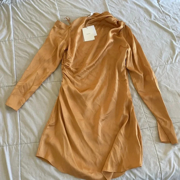 A.L.C Jamie satin drape mini dress in golden tan color - Picture 10 of 16